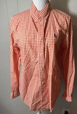 Ralph Lauren Mens XL 18/20 Gingham Button Down Shirt Orange White Pony Logo YY